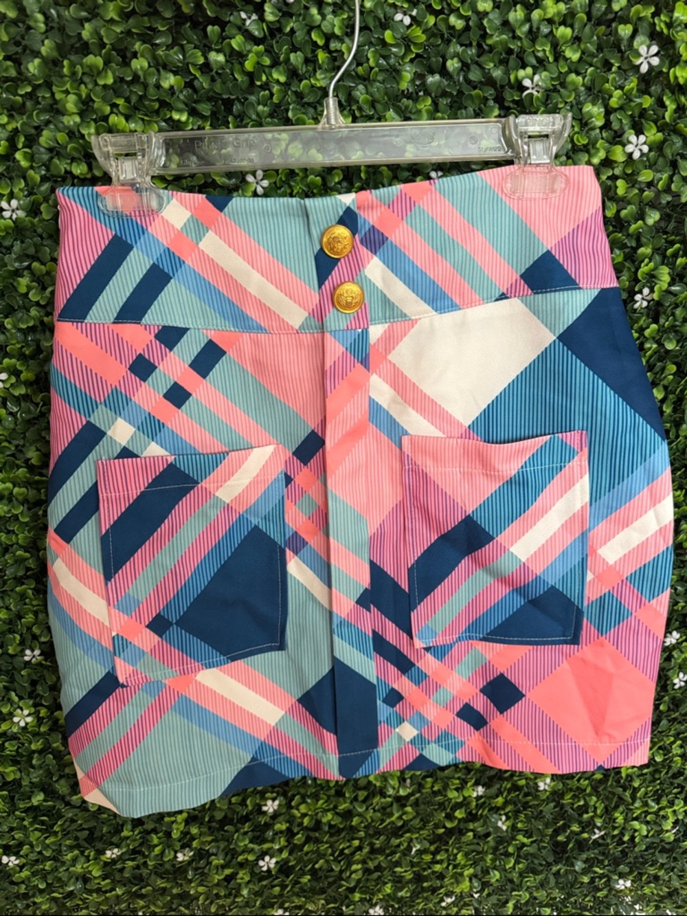 Pink & Blue Geometric Plaid Mini Skirt